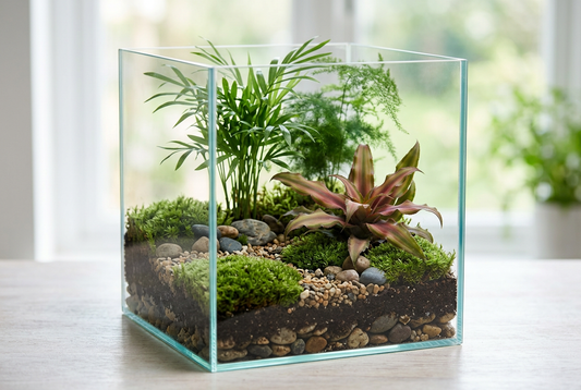 Balanced terrarium with an off-center focal plant and layered depth.