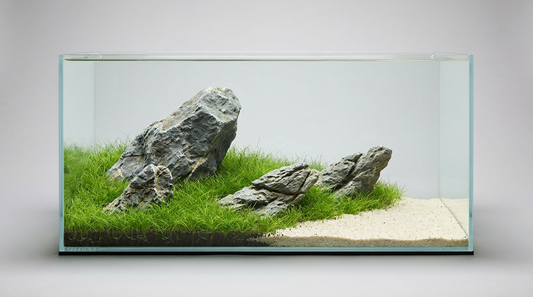 Asymmetrical Iwagumi aquarium led by one dominant stone and related supporting stones.
