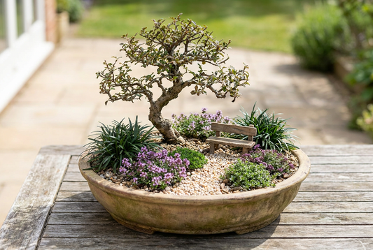 A restrained miniature garden with layered plants and open gravel around a tiny path.