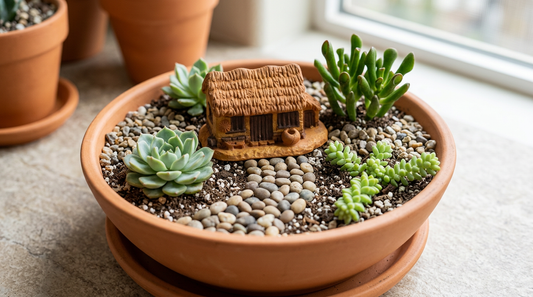 Succulent fairy garden with three compact plants, a clay house, and a curved pebble path.