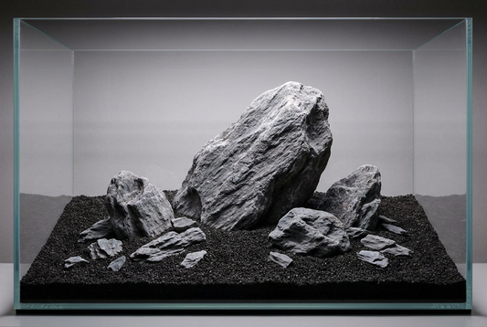 A coherent aquascape rock group with one dominant stone and matching supports.