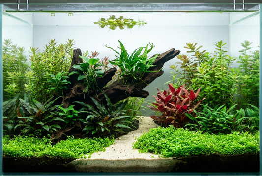 A balanced planted aquarium with low foreground, connected midground, tall background, epiphytes, floaters, and one accent.