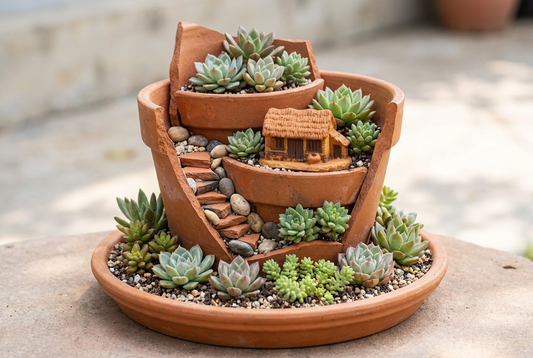 Stable tiered broken terracotta pot garden with compatible succulents, one miniature house and a pebble stair path.