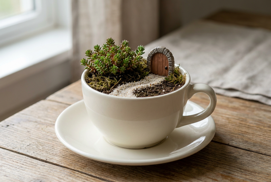 Restrained teacup fairy garden with one low plant, a small door and a curved fine-grit path.