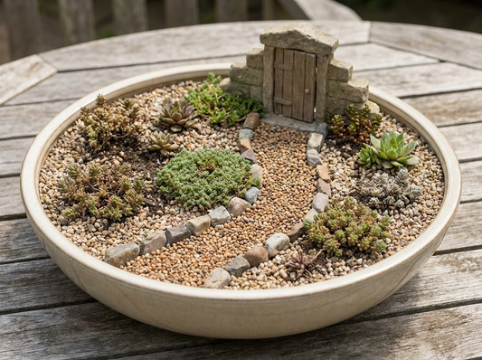 A gently curving miniature gravel path leading from the planter edge to a small cottage door.