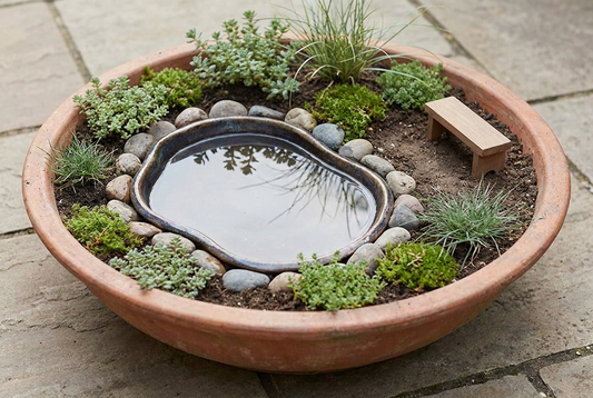 Believable miniature pond with an irregular shoreline, small partly buried stones and an open bank.