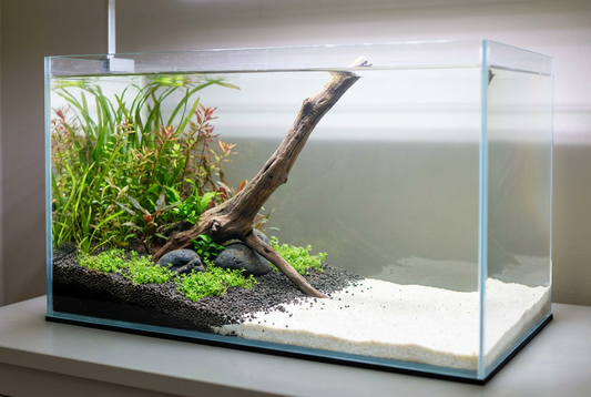 A spacious 10 gallon aquascape with one angled root, restrained plants, and an open foreground.