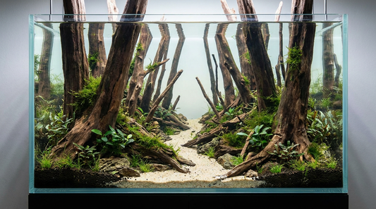 Completed forest aquascape with layered trunks and a narrowing path creating natural depth.