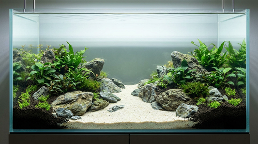 Finished river aquascape with a pale channel tapering through asymmetric planted banks.
