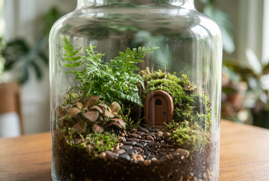 Woodland fairy terrarium with a curved path leading through compatible foliage to one small doorway.