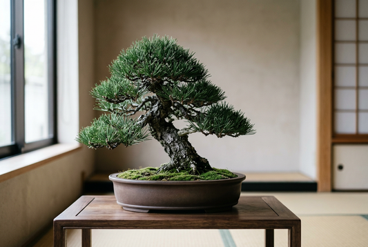 A single bonsai composition on a quiet display table, with the pot fully supported and clear space around the tree.