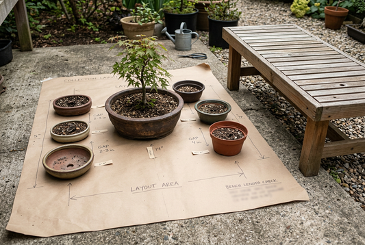 A real collection arranged with visible pot footprints and access gaps on a bench planning surface.