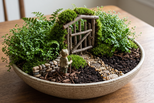 A small woodland arrival scene with one gate, one path, one figure, and quiet planting.