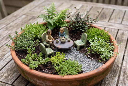 A believable fairy-garden gathering with furniture scaled to figures and open maintenance access.