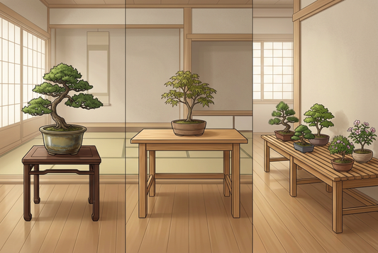  Side-by-side comparison of a bonsai stand, a general table, and a multi-tree bench.