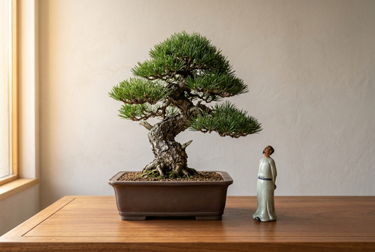 Small figurine placed beside a bonsai with the tree remaining visually primary.