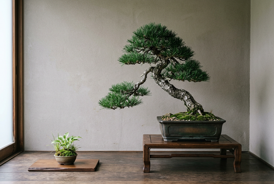A small grass and moss accent planting supporting a dominant pine bonsai display.