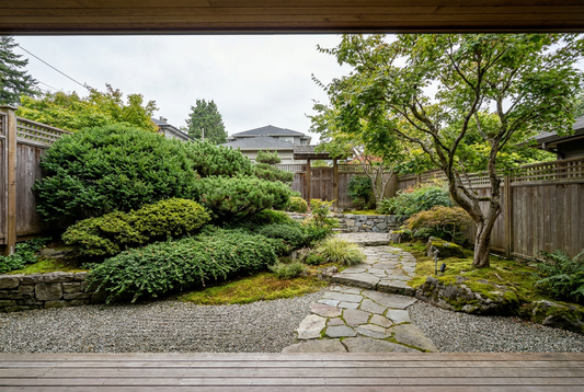  Asymmetrical garden composition balancing a broad shrub, open ground and a smaller upright tree.