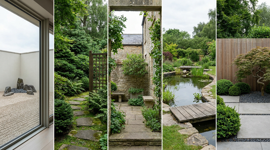 Five Japanese-inspired garden directions: dry gravel, tea path, courtyard, pond, and modern.