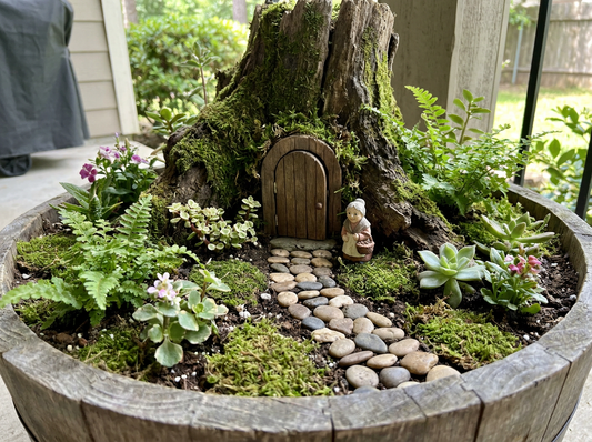 Eye-level view of a fairy garden showing a clear path to the doorway, visible figures and enough open space