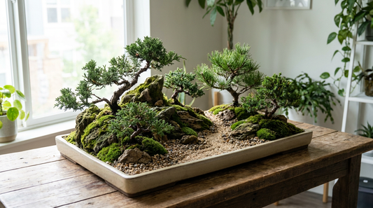 Saikei tray landscape with small trees, stones, moss and open space arranged as a living miniature scene