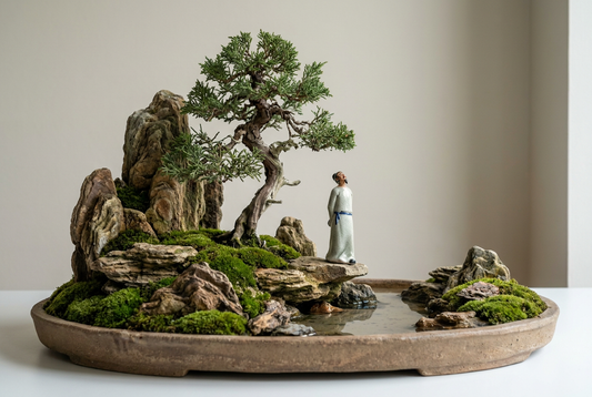Trees, rocks, water, figurines, and open space can work together to evoke a complete landscape in miniature.