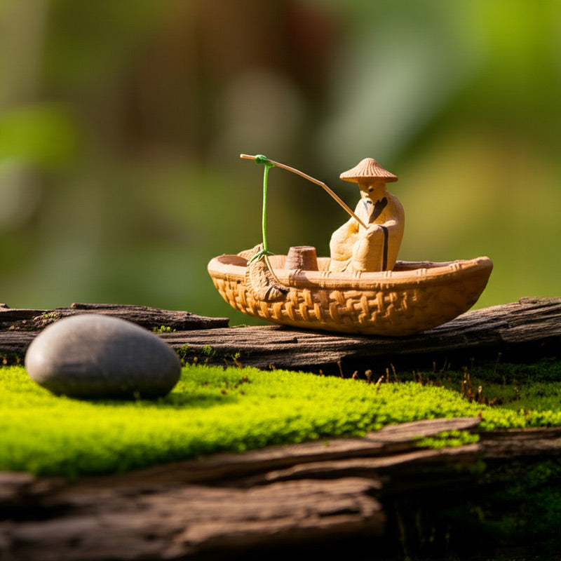 Fisherman figurines on a wooden log