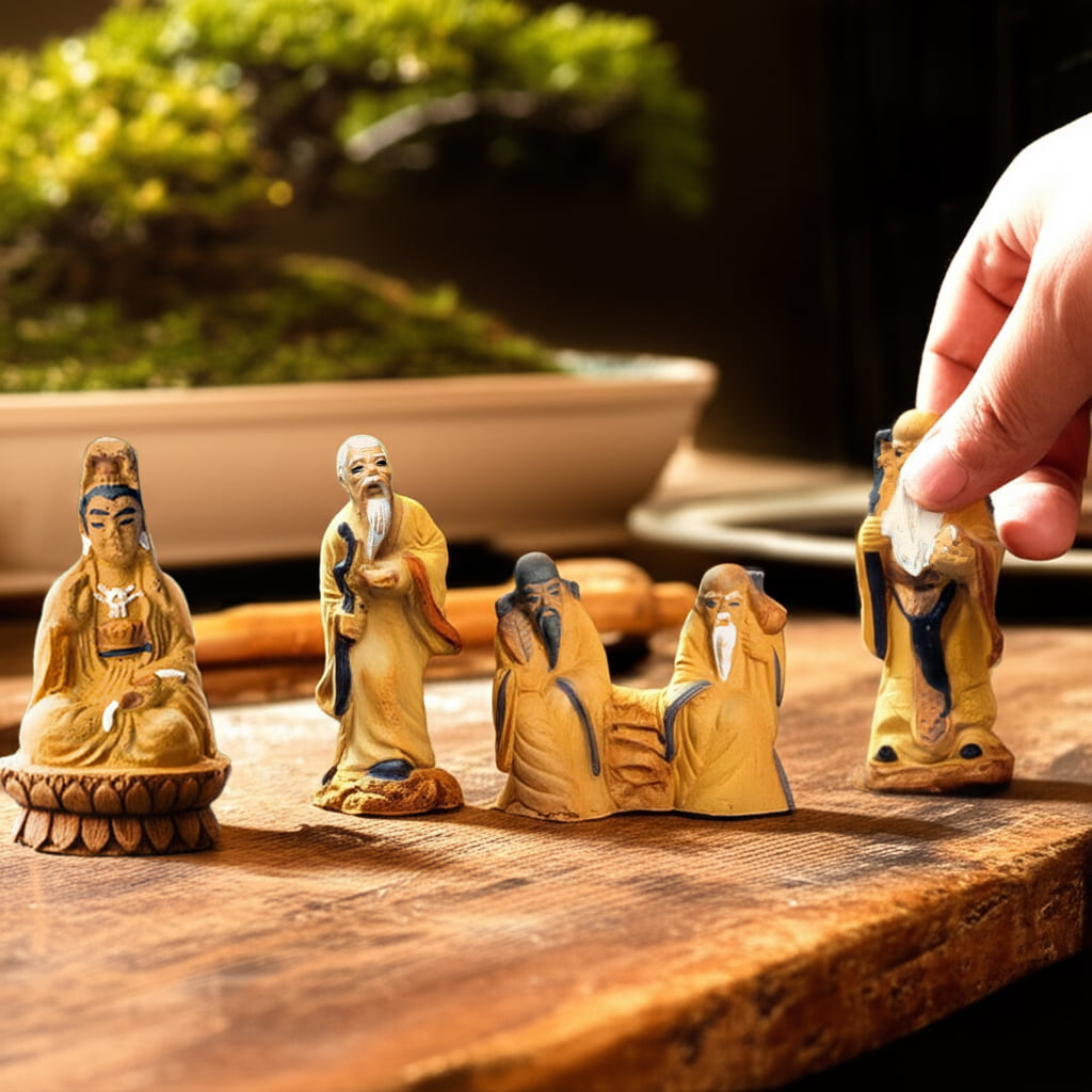 A hand arranging bonsai mudmen figurines. Our collection of bonsai figurines for sale