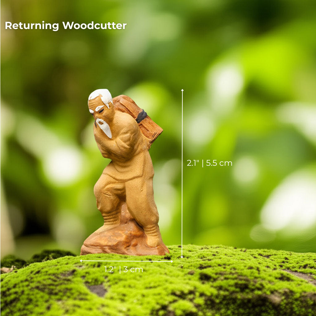 A walking bonsai mudmen figure carries a firewood pack. A great bonsai decorative accessory.