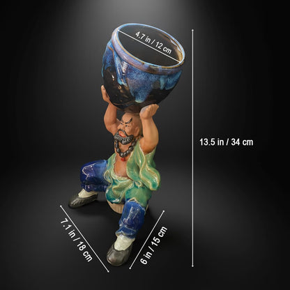 A bonsai statue pot with text showing its dimensions: 13.4 inches tall, 4.7 inch opening.