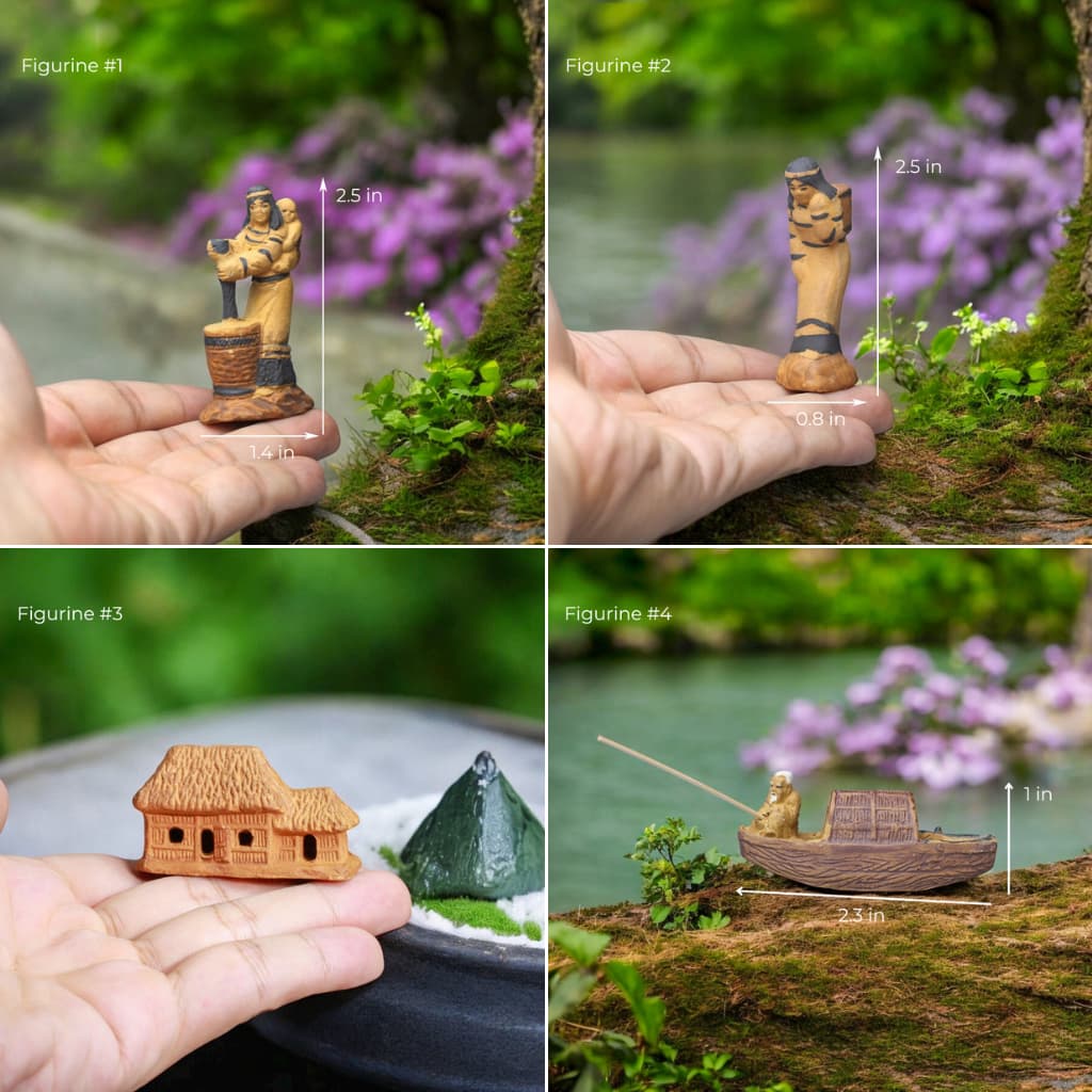 Four miniature bonsai mudmen figurines, crafted from ceramic, are displayed in various poses. The figurines depict a woman making wine, a standing man, a small house, and a man in a boat.