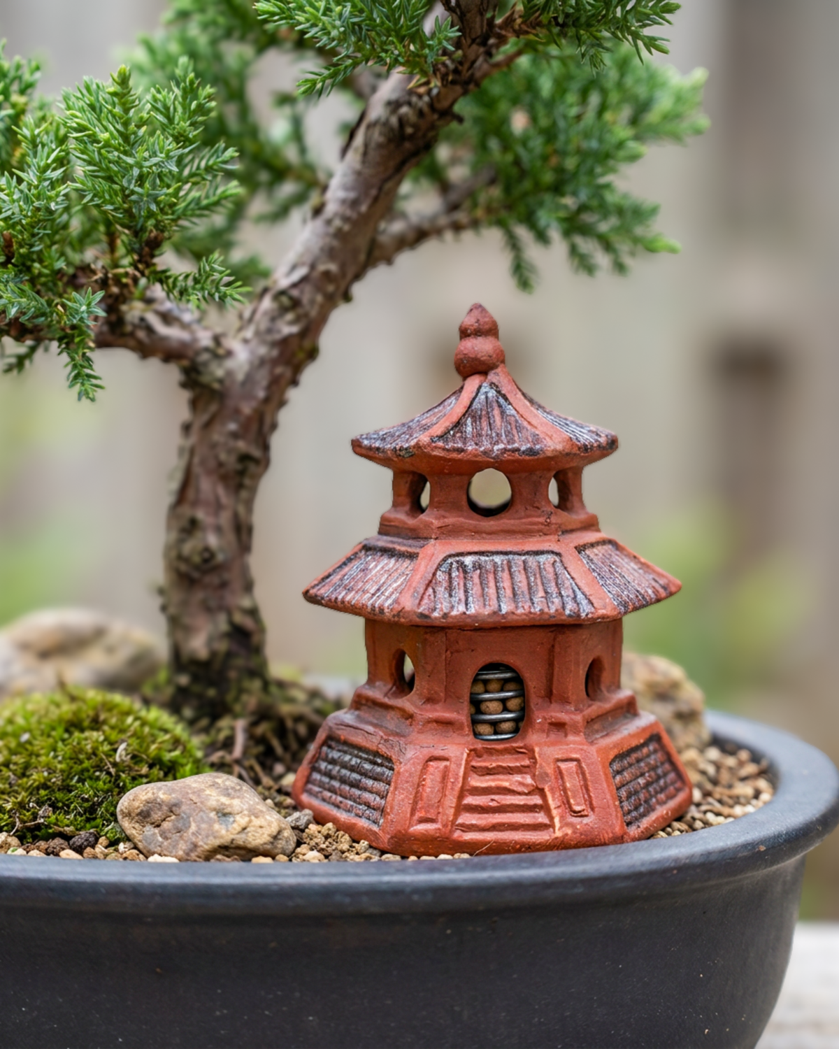 Bonsai Fertilizer Basket Holder, Ceramic Pagoda with Stainless Steel Basket