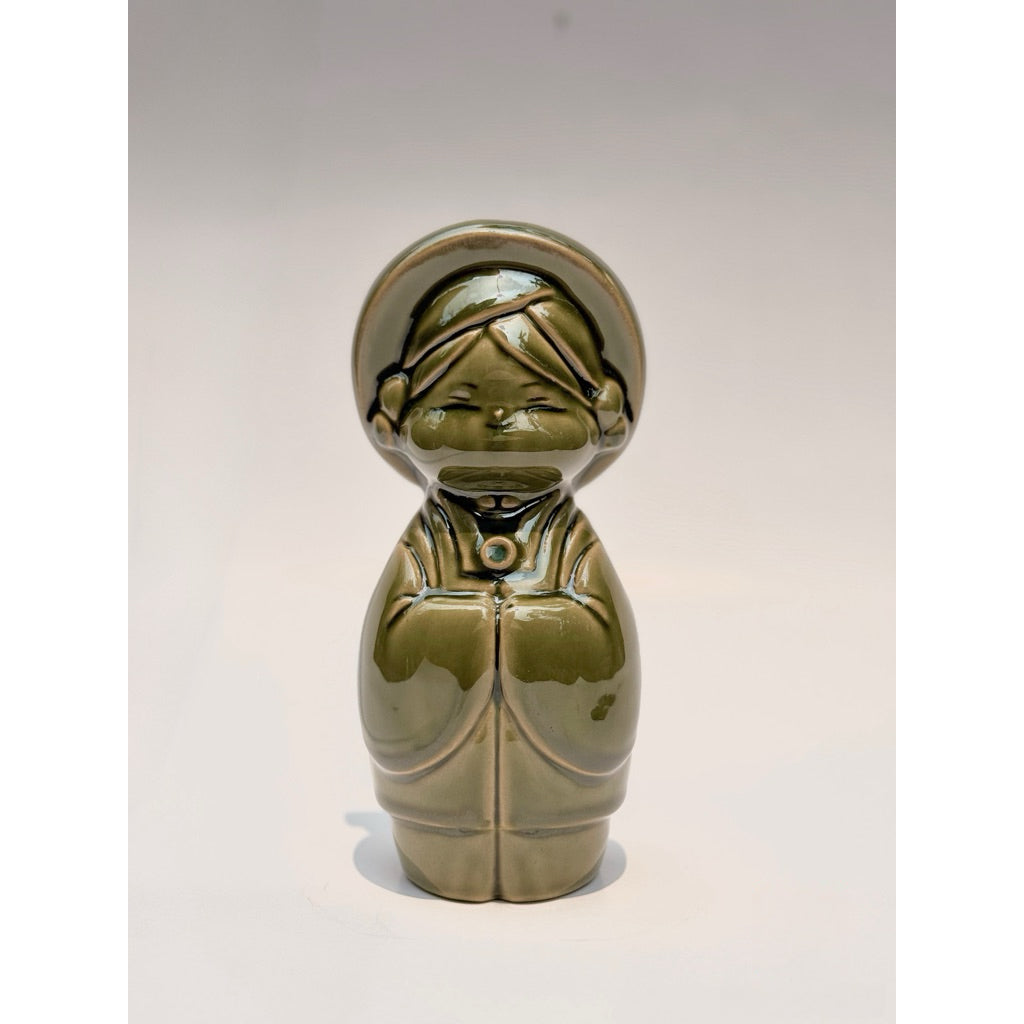 Olive-green ceramic woman figurine from the Vietnamese couple set