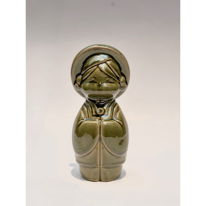 Olive-green ceramic woman figurine from the Vietnamese couple set