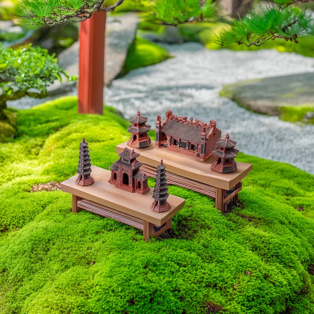The complete 6-piece ceramic aquarium decor set, including miniature pagoda structures and a temple, arranged in a moss garden. Ideal bonsai figurines or terrarium figurines.