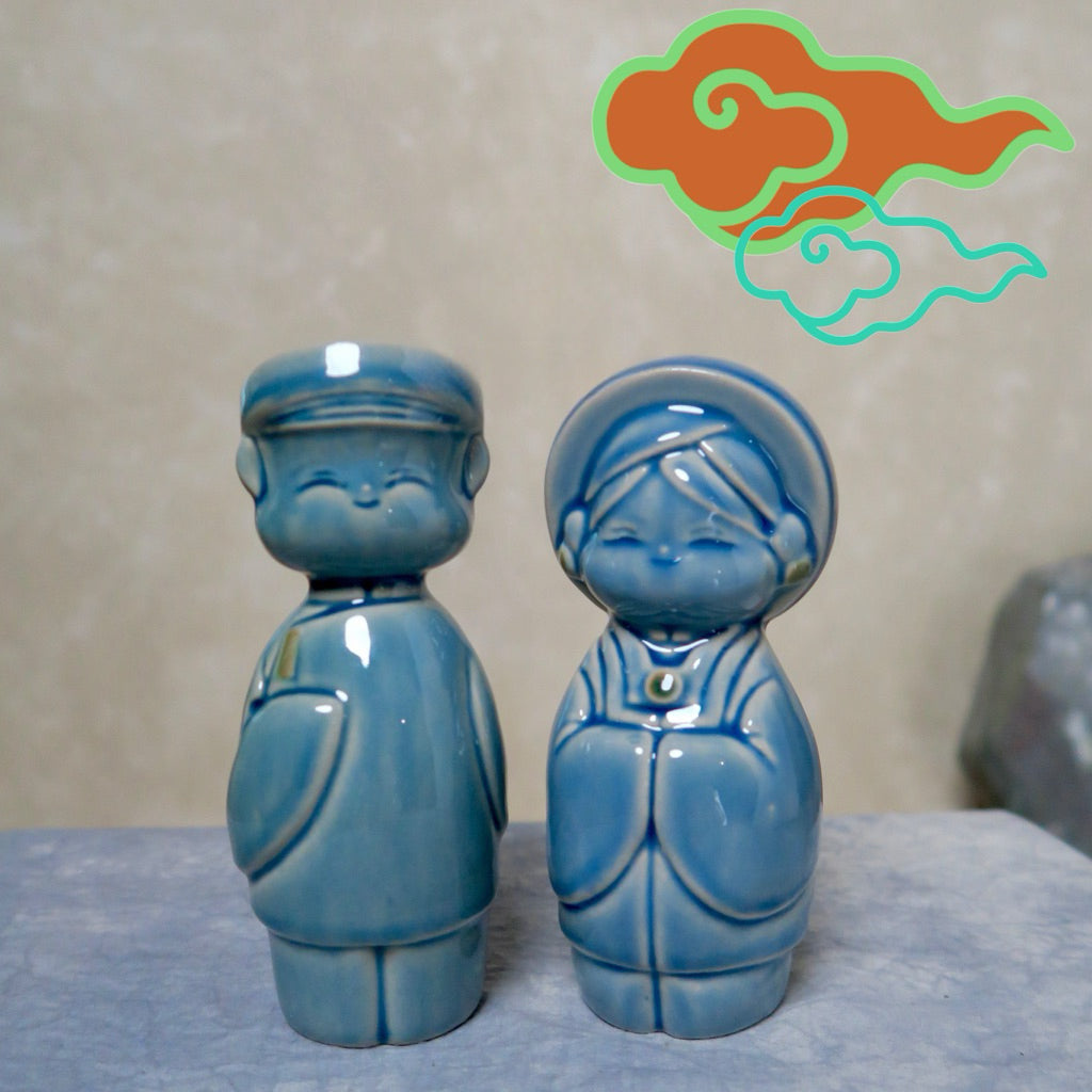 Blue-glazed Vietnamese ceramic couple figurines, man and woman pair