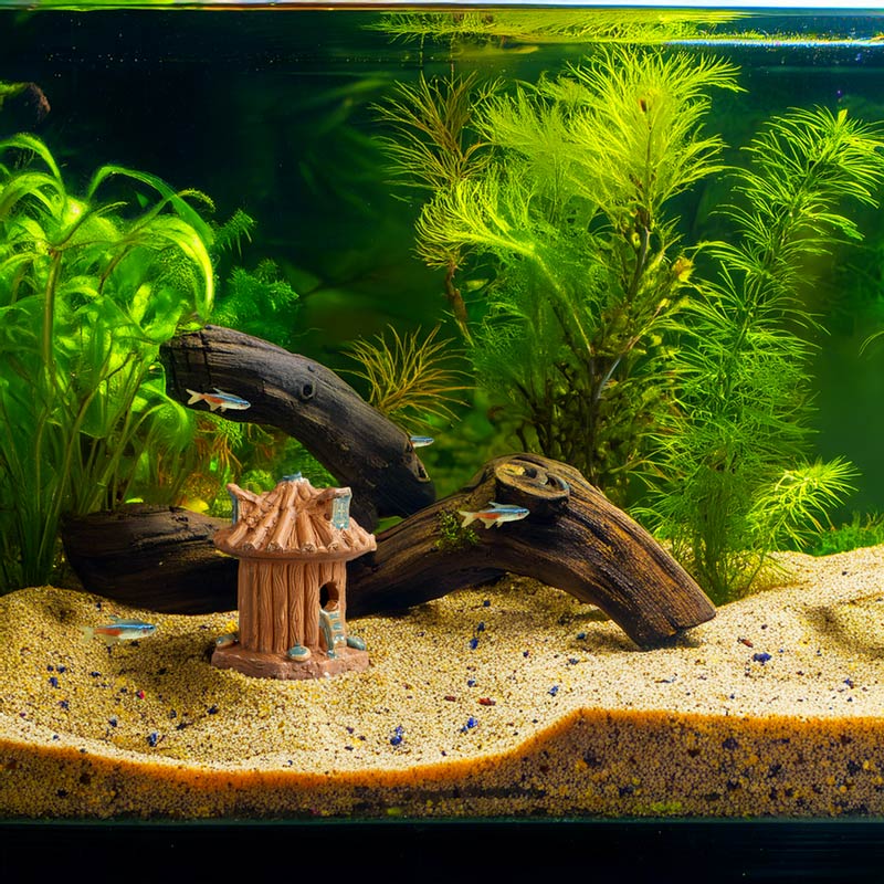  Submerged in a freshwater aquarium, a whimsical ceramic treehouse, surrounded by lush green plants and driftwood, creates a captivating underwater retreat for your fish.