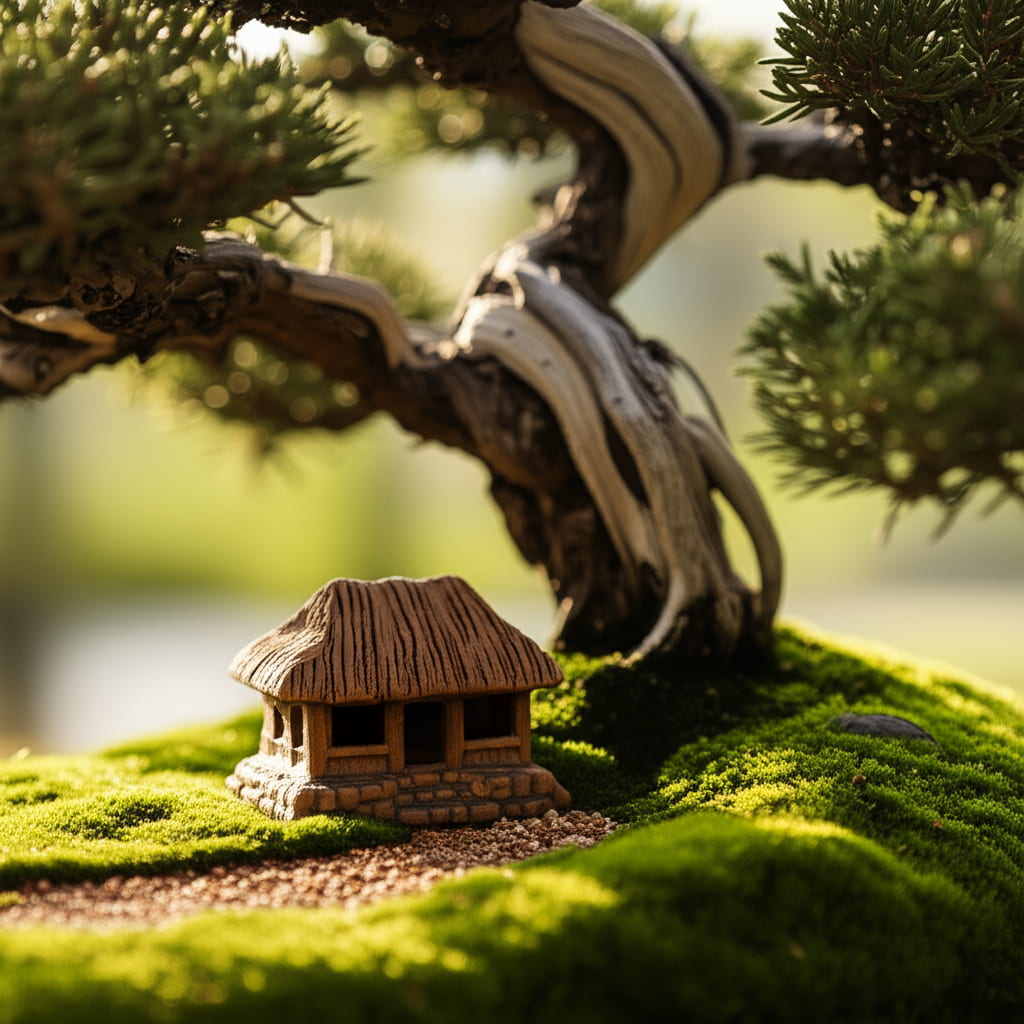 A Thatched House Figurine on a mossy hill. These mini house figurines are perfect bonsai decor.
