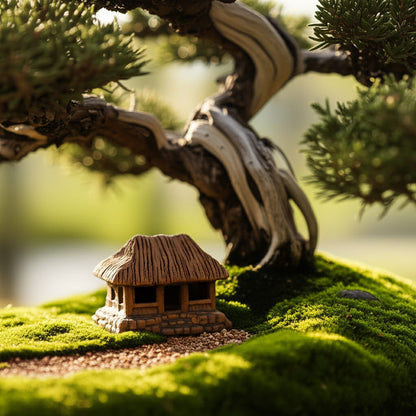 A Thatched House Figurine on a mossy hill. These mini house figurines are perfect bonsai decor.