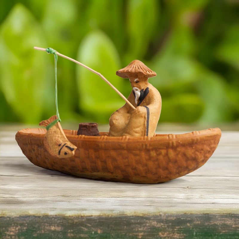 Ceramic Fisherman on Boat Figurine | Bonsai, Aquarium & Zen Decor