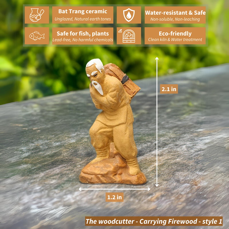 A small ceramic bonsai figure of an old man carrying a bundle of firewood on his back, standing on a rock.