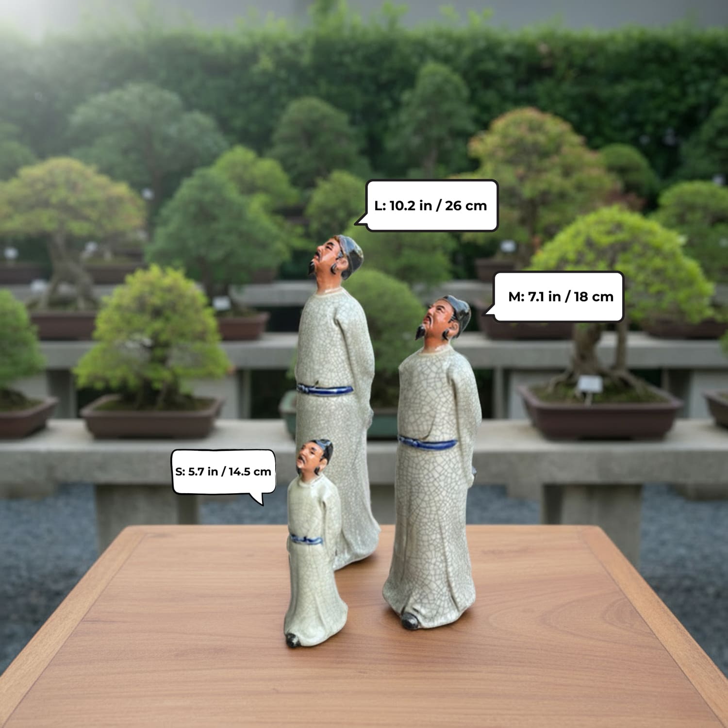 Three Li Bai bonsai figurines of different sizes (S, M, L) for your custom bonsai decor.
