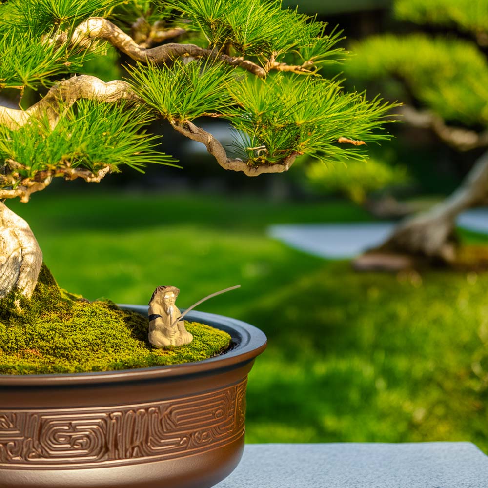 A miniature mudman, complete with a conical hat and fishing rod, sits peacefully at the base of a bonsai tree, adding a touch of serenity to this miniature landscape.