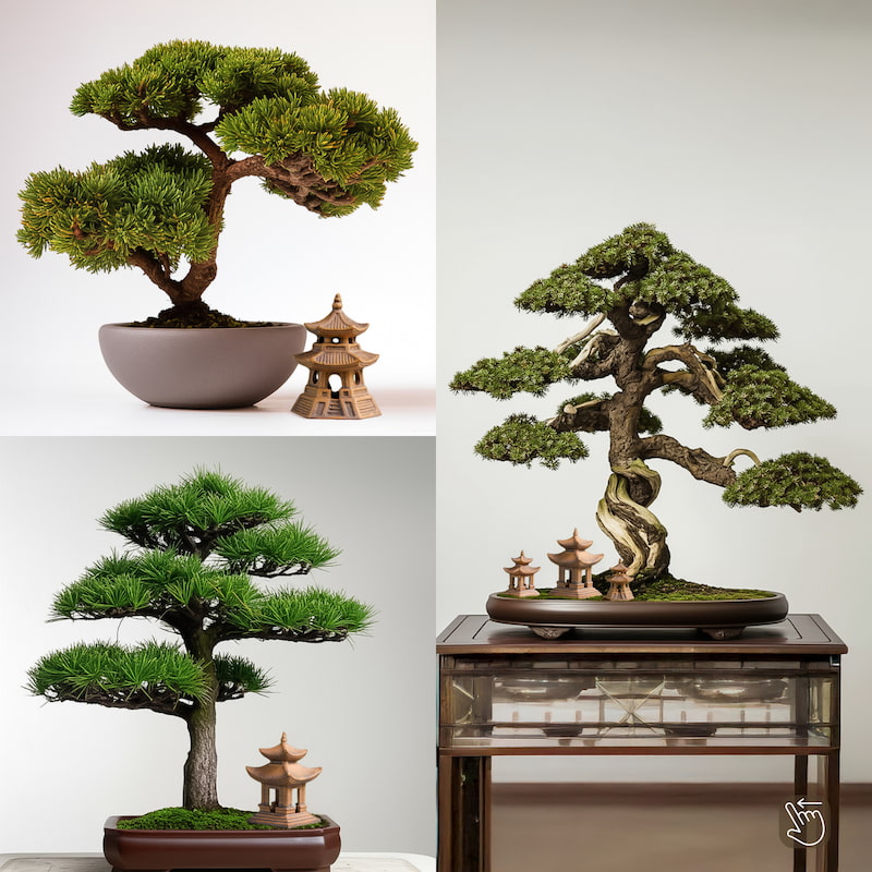 Three different bonsai trees displayed with a bonsai decor pagoda, the perfect japanese miniature pagoda