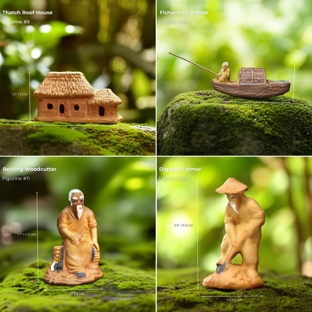 A set of bonsai figurines creating a village scene: a house, a fisherman, and farmers.