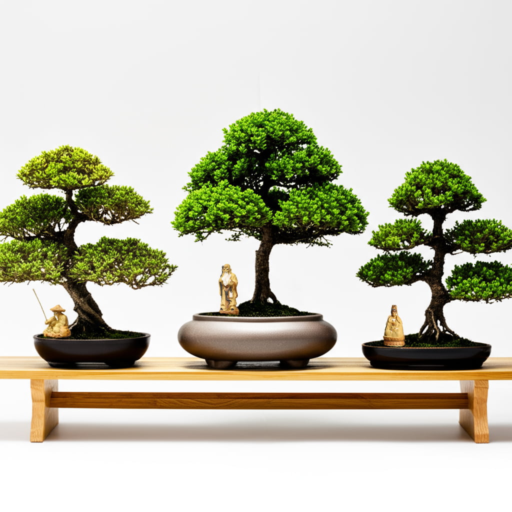 Three bonsai trees on a bench. Each has a different bonsai mudmen as a bonsai figurines accent.