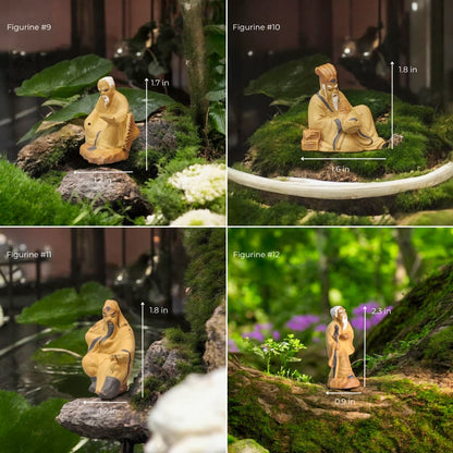  Four seated bonsai mudmen figurines, handcrafted from ceramic, add a touch of serenity and wisdom to any miniature landscape.