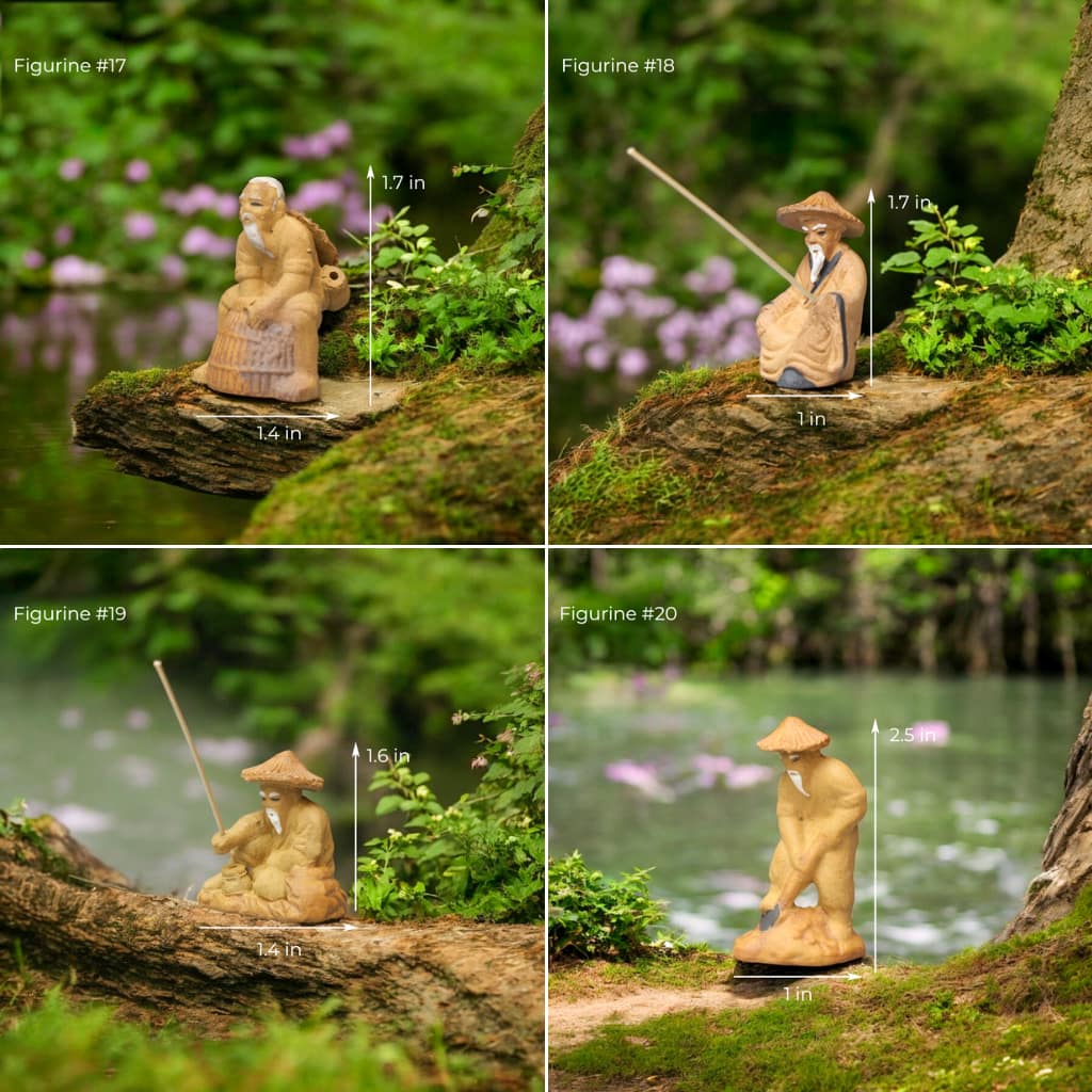 Four bonsai mudmen figurines, wearing conical hats, are depicted in various poses, adding a touch of Vietnamese charm to a miniature landscape.