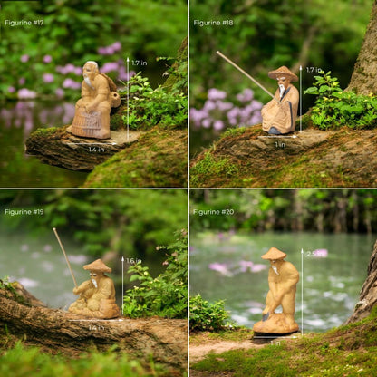 Four bonsai mudmen figurines, wearing conical hats, are depicted in various poses, adding a touch of Vietnamese charm to a miniature landscape.
