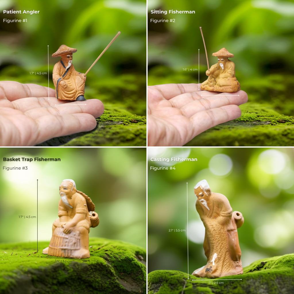 Four detailed fisherman mudmen figurines in various poses, perfect as bonsai decorative accessories.